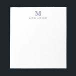 Classic Modern Simple Navy Blue Monogram Initial Notepad<br><div class="desc">The design features a personalized monogram initial and name in a simple and modern typographic font.</div>