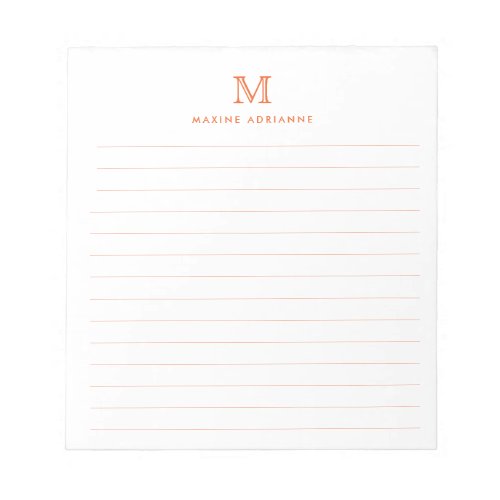 Classic Modern Simple Orange Monogram Lined Notepad