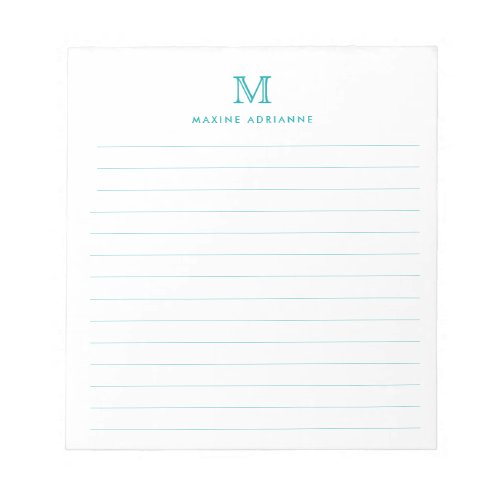 Classic Modern Simple Teal Green Monogram Lined Notepad