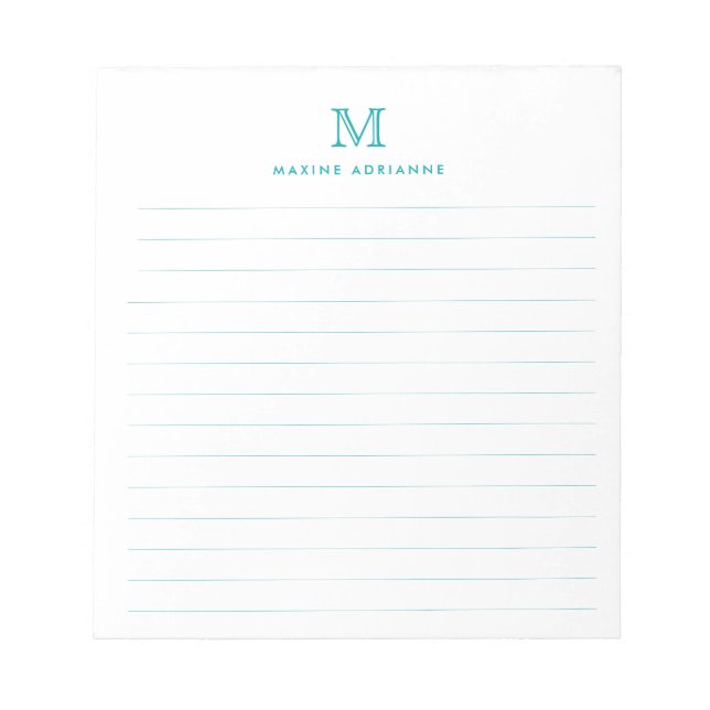 Classic Modern Simple Teal Green Monogram Lined Notepad (Front)