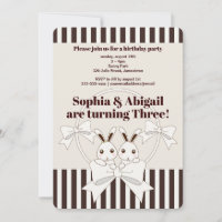 Classic Modern Stripe Bunny Twin Girl Birthday Invitation