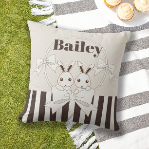 Classic Modern Stripe Cute Bunny Girl Kids Name Outdoor Pillow