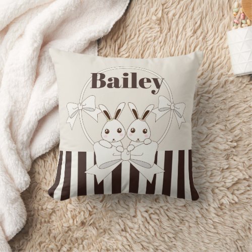 Classic Modern Stripe Cute Cartoon Twin Bunny Kids Throw Pillow