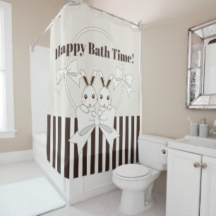 Classic Modern Stripe Cute Cartoon Twin Bunny Shower Curtain