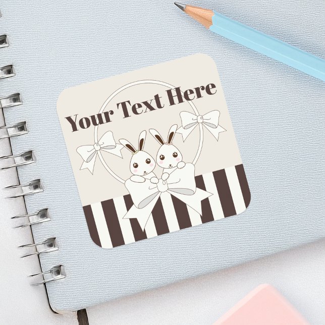 Classic Modern Stripe Cute Cartoon Twin Bunny Square Sticker (Creator Uploaded)