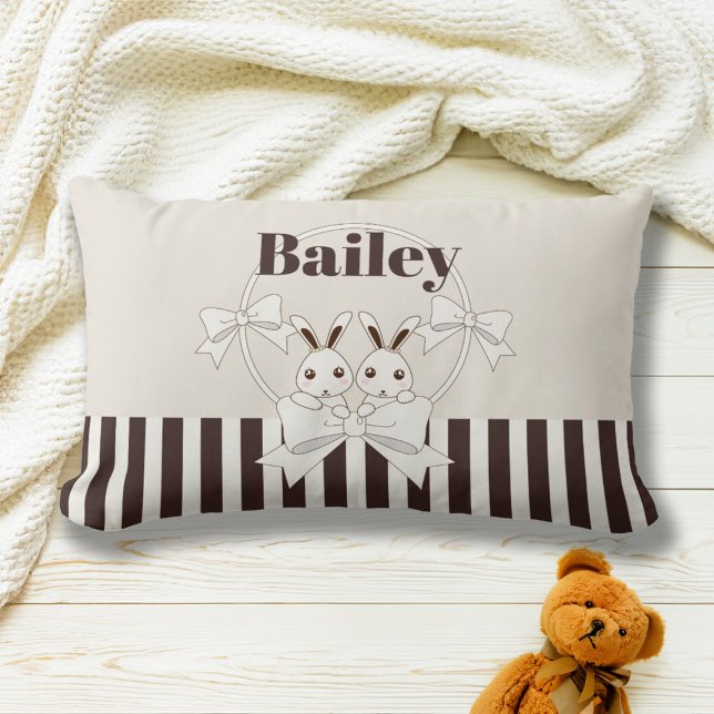 Classic Modern Stripe Cute Twin Bunny Girl Lumbar Pillow (Creator Uploaded)