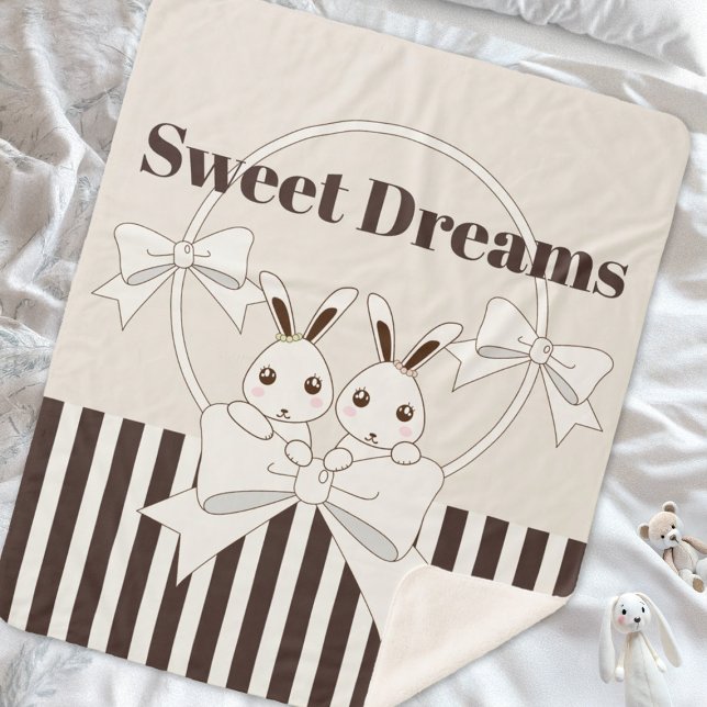 Classic Modern Stripe Cute Twin Bunny Girl Sherpa Blanket (Creator Uploaded)
