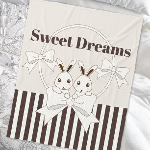 Classic Modern Stripe Cute Twin Bunny Kids Girl Fleece Blanket