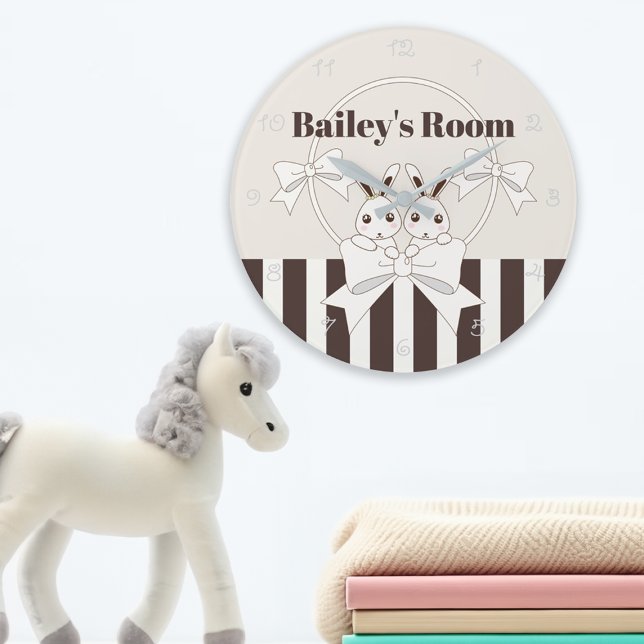 Classic Modern Stripe Cute Twin Bunny Kids Large Clock (Creator Uploaded)