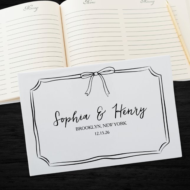 Classic Modern Timeless Black & White Bow Wedding Guest Book (Classic and chic! Customize this elegant bow guestbook for your wedding day—personalized with ease.)