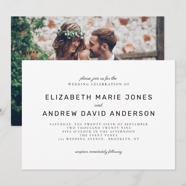 Classic Modern Timeless Black White Photo Wedding Invitation (Front/Back)