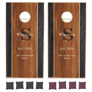 Classic Modern Wood Grain Monogram Stripe Brown Cornhole Set