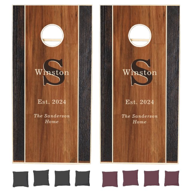 Classic Modern Wood Grain Monogram Stripe Brown Cornhole Set (Set)