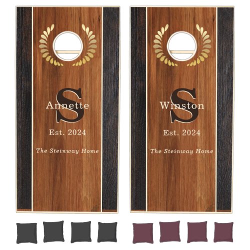 Classic Modern Wood Hue Monogram Stripe Brown Cornhole Set