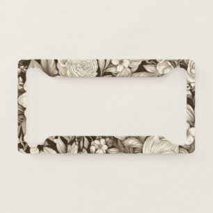 Classic Monochrome Floral with Vintage Mood License Plate Frame
