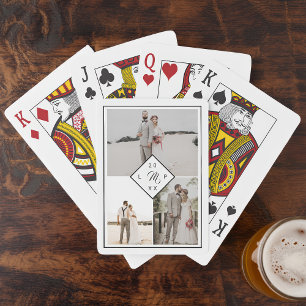 Classic monogram 3 photo grid collage wedding poker cards