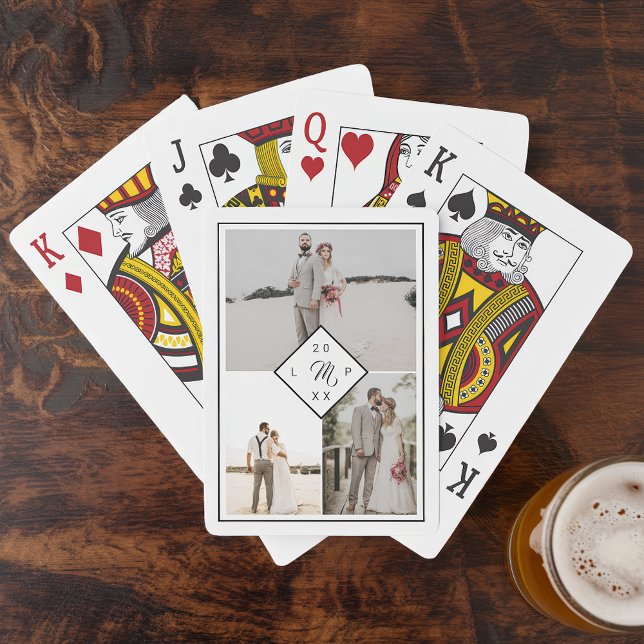 Classic monogram 3 photo grid collage wedding poker cards (Classic monogram 3 photo grid collage wedding poker cards)