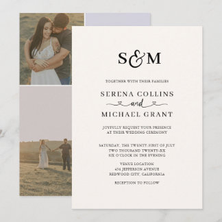 Classic Monogram 4 Photo Heart Script Wedding Invitation