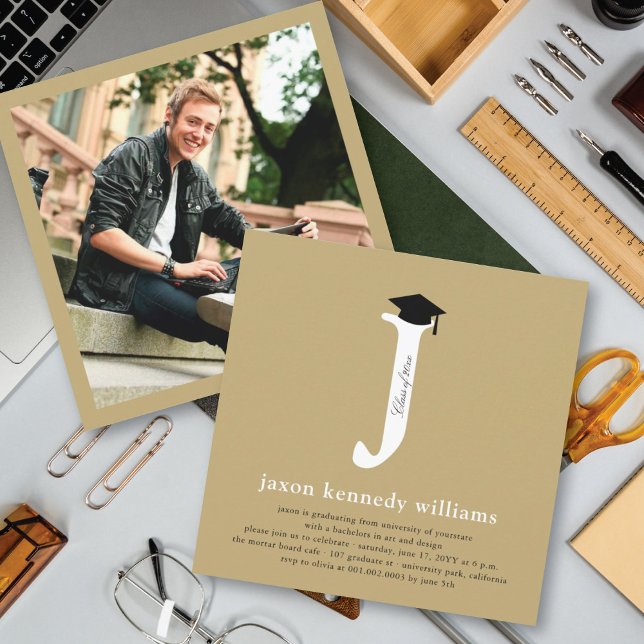 Classic Monogram Alphabet J Photo Graduation Party Invitation (Creator Uploaded)