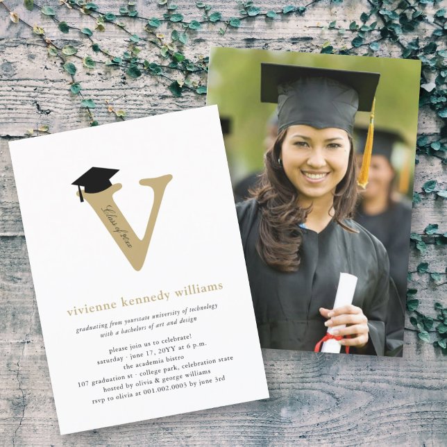 Classic Monogram Alphabet V Photo Graduation Party Invitation (Creator Uploaded)