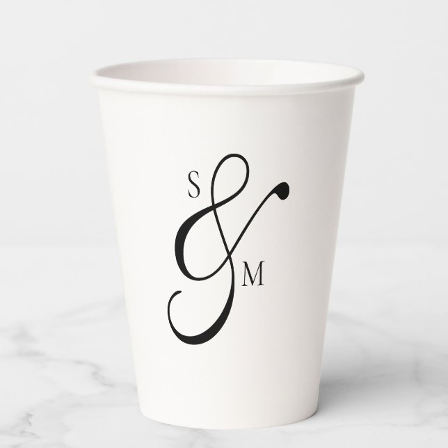 Classic Monogram Ampersand White Wedding Paper Cups (Front)