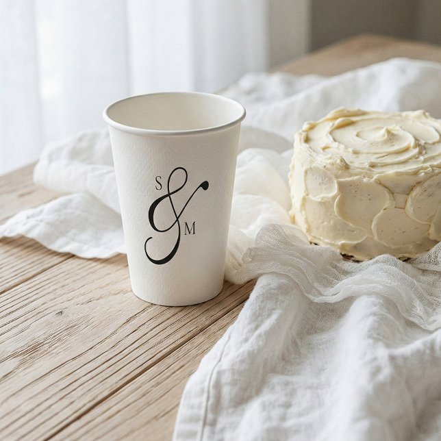 Classic Monogram Ampersand White Wedding Paper Cups (Creator Uploaded)