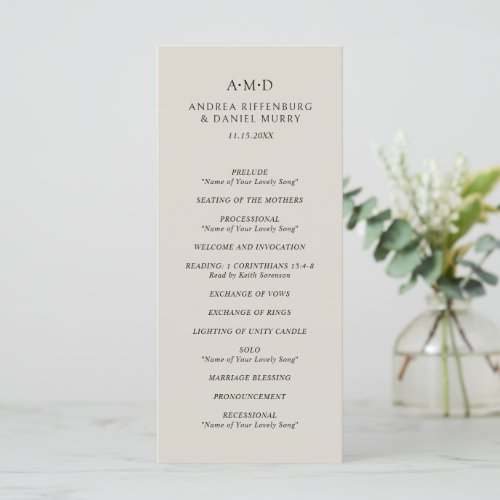 Classic Monogram Beige Formal Elegant Wedding Program