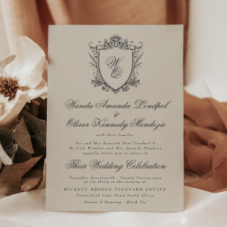 Classic Monogram Beige Formal Floral Crest Wedding Invitation