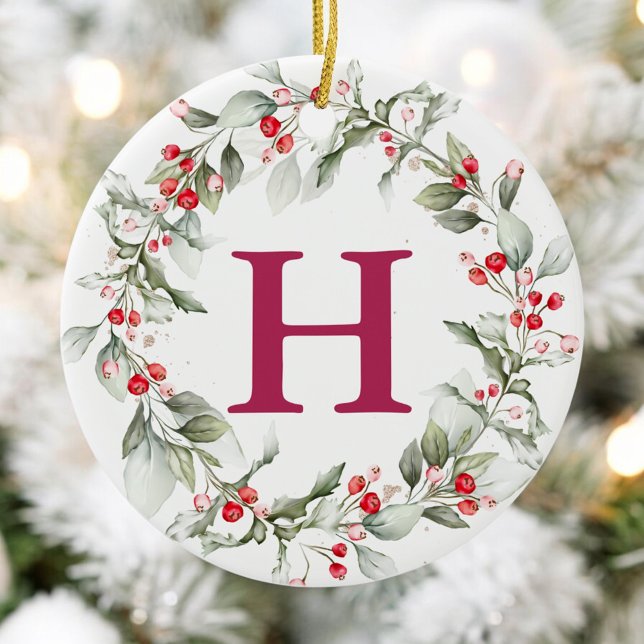 Classic Monogram Berry Wreath Christmas Ceramic Ornament (Creator Uploaded)