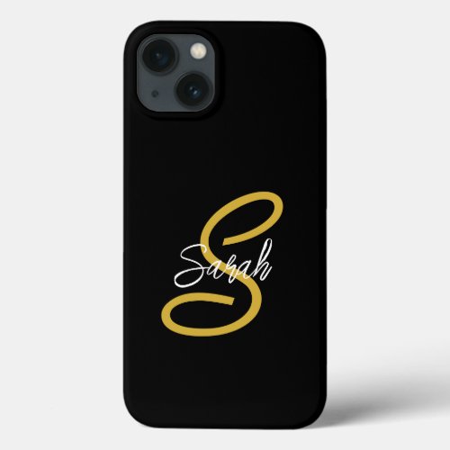 Classic Monogram Black  Gold Handwriting Name  iPhone 13 Case