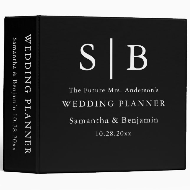 Classic Monogram Black Wedding Planner 3 Ring Binder (Front/Spine)
