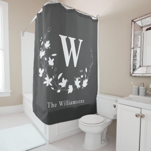 Classic Monogram Black White Floral Wreath Custom  Shower Curtain