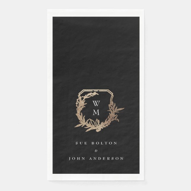 classic monogram black white gold motif crest paper guest towels (Front)