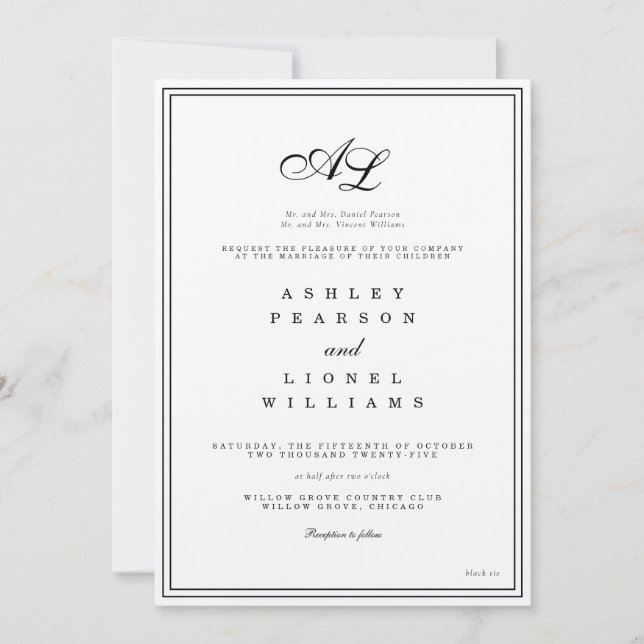 Classic Monogram Black & White Traditional Wedding Invitation (Front)