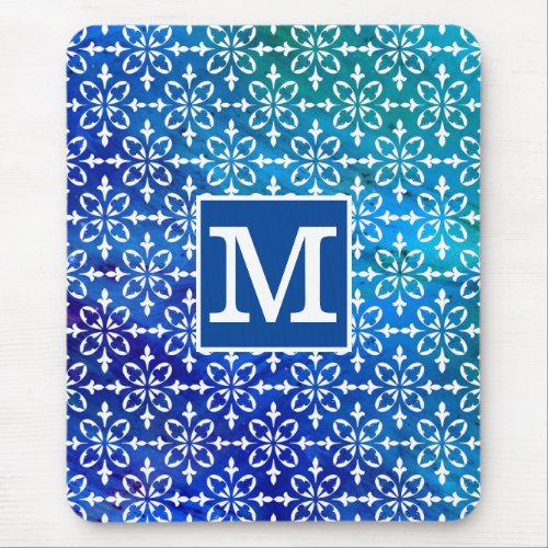 Classic Monogram Blue Chem 4 Floral Damask Mouse Pad