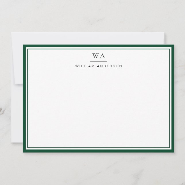 Classic Monogram British Racing Green Stationery Note Card (Front)