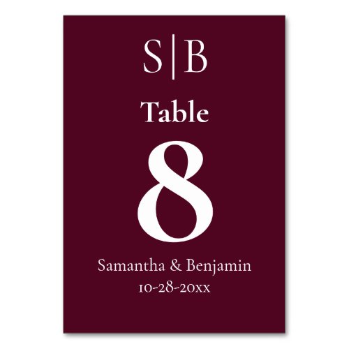 Classic Monogram Burgundy Wedding Table Number
