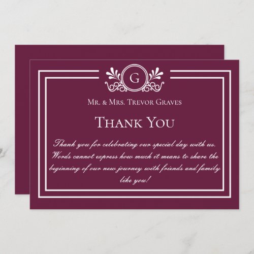 Classic Monogram Burgundy Wedding Thank You Card