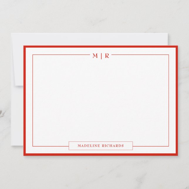 Classic Monogram Candy Red Border Stationery Note Card (Front)