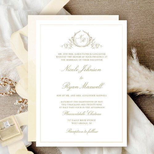 Classic Monogram Champagne Watercolor Wedding Invitation