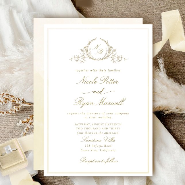 Classic Monogram Champagne Watercolor Wedding Invitation (Creator Uploaded)