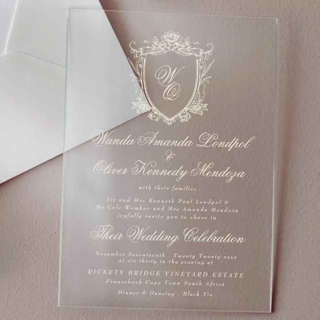 Classic Monogram Charcoal Floral Crest Wedding Acrylic Invitations (Creator Uploaded)
