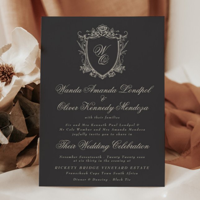 Classic Monogram Charcoal Floral Crest Wedding Invitation (Creator Uploaded)