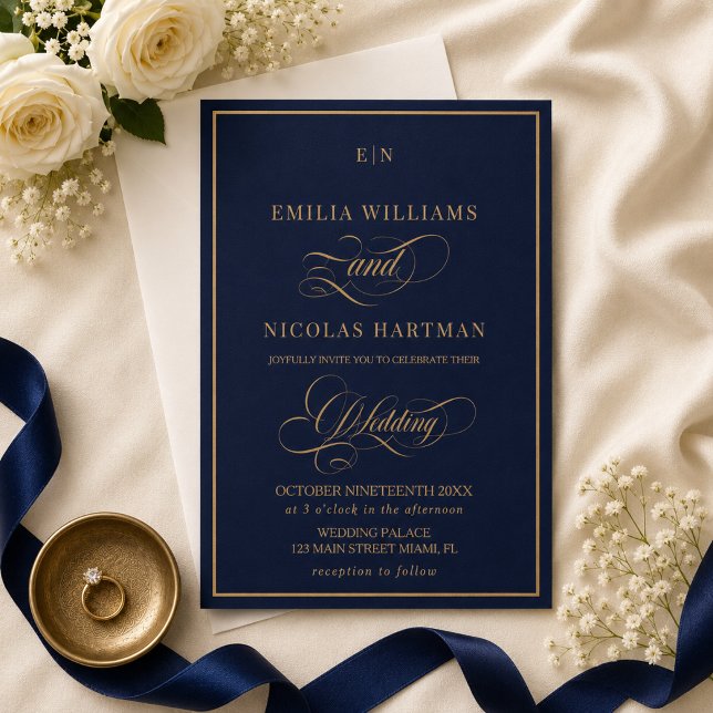 Classic Monogram Cobalt Blue Gold Wedding Invitation (Creator Uploaded)