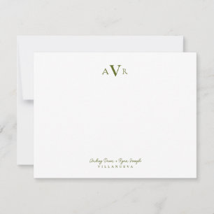 Classic Monogram Couple Olive Green Custom Wedding Note Card