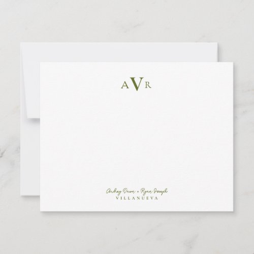 Classic Monogram Couple Olive Green Custom Wedding Note Card