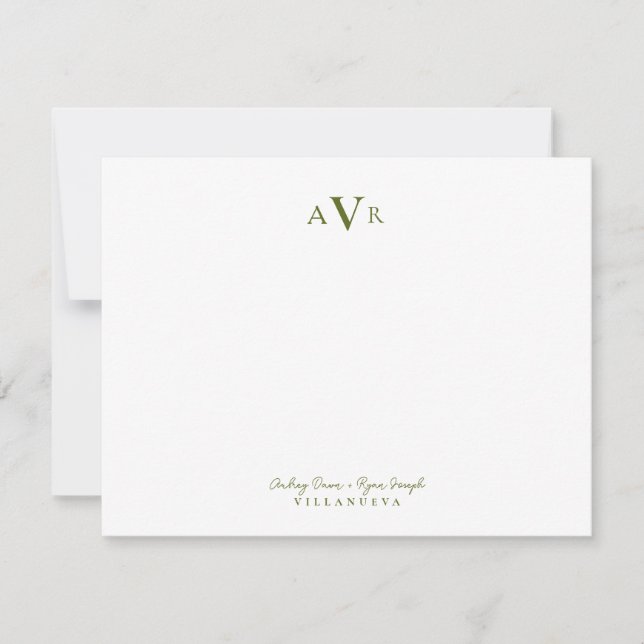 Classic Monogram Couple Olive Green Custom Wedding Note Card (Front)