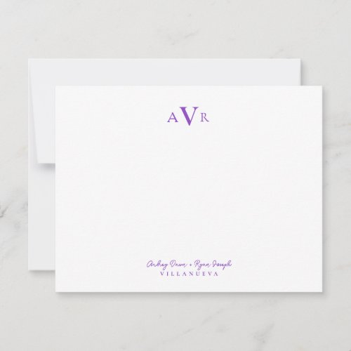 Classic Monogram Couple Purple Custom Wedding Note Card
