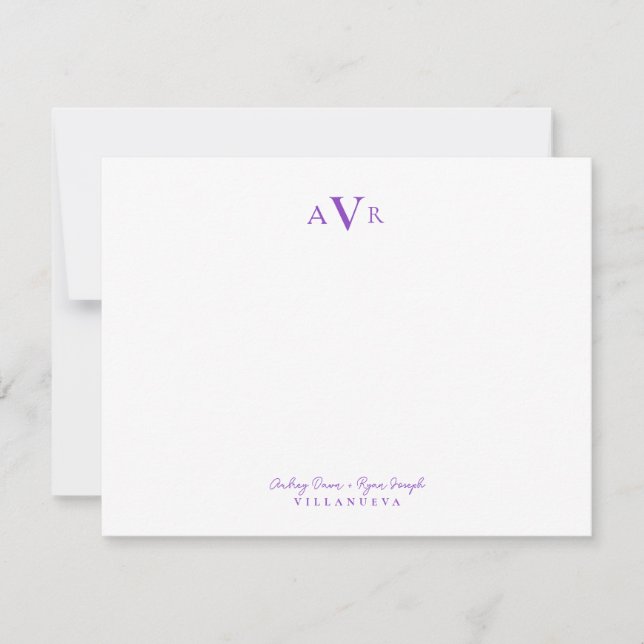 Classic Monogram Couple Purple Custom Wedding Note Card (Front)