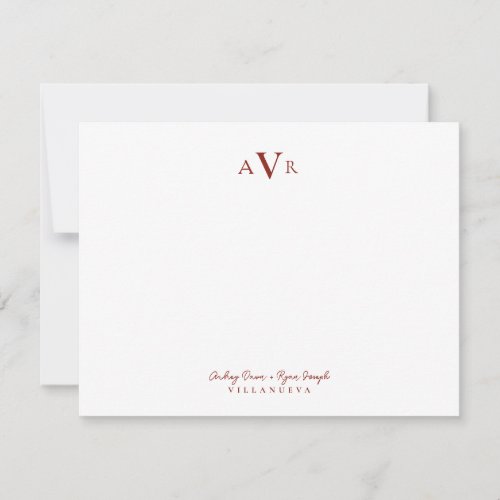 Classic Monogram Couple Red Custom Wedding Note Card